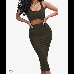 Women's Sexy Bodycon Tank Top Midi Skirt 2 Piece Dress